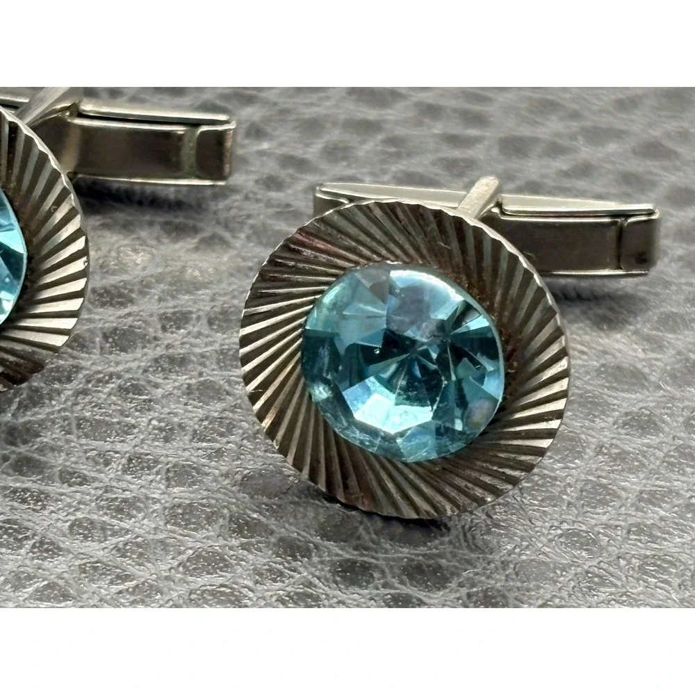 Vintage Faux Blue Topaz Crystal Rhinestone Etched Cufflinks Silver Tone